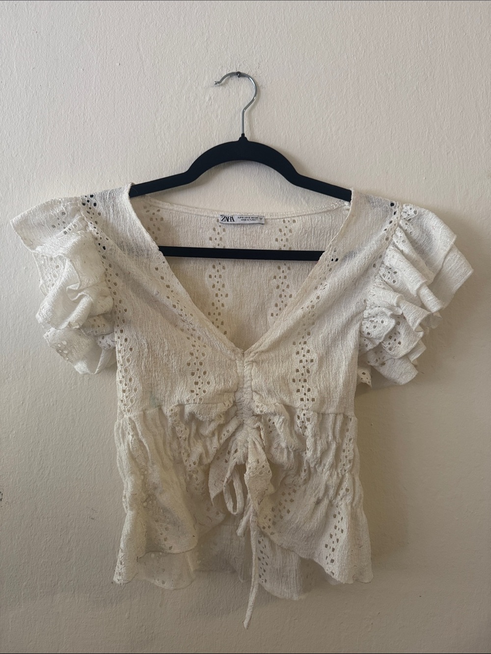 Zara Cream Eyelet Ruffle Tie-Front Blouse